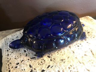 Vintage Cobalt Blue Glass Turtle Candy Dish /trinket Box With Lid