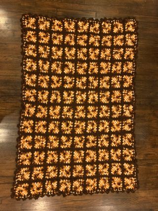 Vtg Handmade Crochet Throw Blanket Afghan Earthy 70’s Retro Colors 44”x 64”