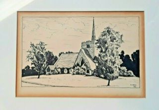 Vintage Sketch Drawing Of A Church Framed Matted Trees Signed Ray 