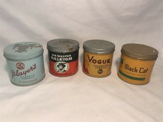 Vintage 4 Tobacco Cans Tins Canada Sir Walter Raleigh Players Black Cat Vogue