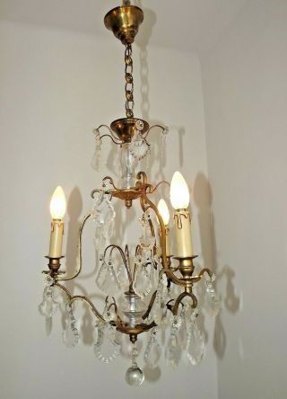 Lovely Quality French Vintage Bronze Glass & Crystal 3 Arm Cage Chandelier 2034