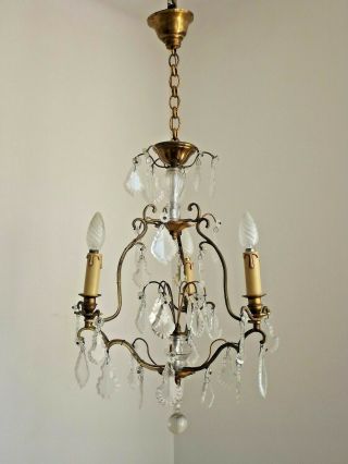 Lovely Quality French Vintage Bronze Glass & Crystal 3 Arm Cage Chandelier 2034 3