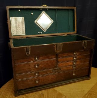 Antique Union 7 Drawer & Lg.  Upper Machinist Tool Box Oak Wood Chest Old Mirror