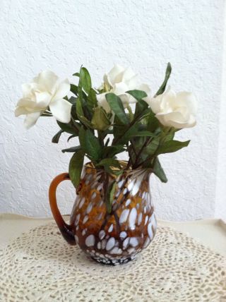 Vintage Hand Blown Amber Art Glass Pitcher With End Of The Day White Glass