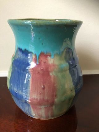 Vintage Early Hull Pottery Vase Turquoise Blue Red Hand Painted H Circle Mark