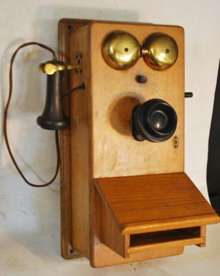 Antique Vintage Western Electric Hand Crank Wall Phone In Oak Wood Box All Orig