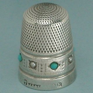 Vintage English Sterling Silver Thimble W/ Pearls & Turquoise Hallmarked 1936