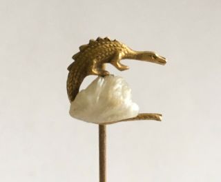Antique Art Nouveau 10k Stick Pin With Little Dinosaur With Pearl