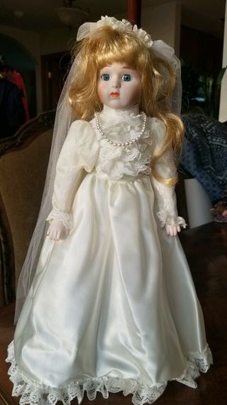 Vintage Victorian Porcelain Doll Bride In Wedding Dress 17 "