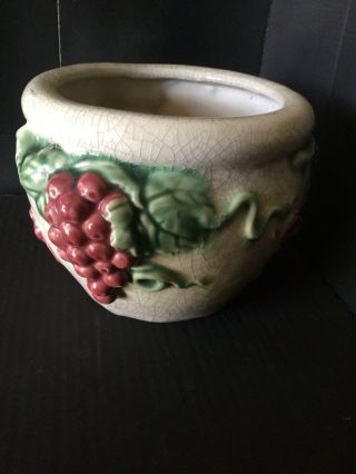 Vintage Art Pottery Majolica Planter With Grape Clusters With Crackle Glaze