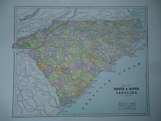Vintage 1896 North - South Carolina Map Old Authentic Antique Atlas Map S&h
