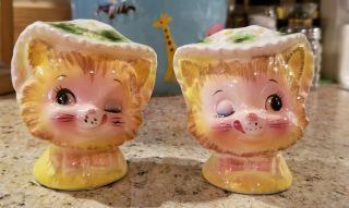 Vintage Enesco Winking Kitty Cat Salt And Pepper Shakers