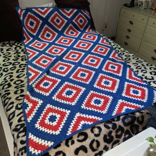 Vintage Crochet Blanket Afghan Red White Blue Throw Granny Square 45” X 72” Euc