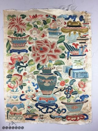 Antique Chinese Qing Dynasty Silk Panel Embroidery Vases Bowls & Censers