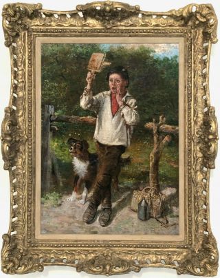 The Young Bird Scarer Antique Genre Oil Painting 19th Century English School