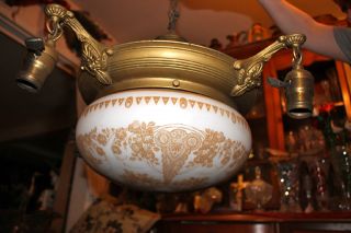Antique Victorian Art Deco 4 Light Ceiling Chandelier - White Glass Globe - Gold