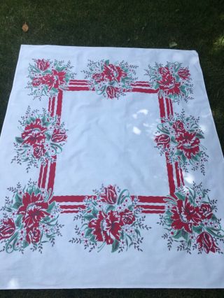 Vintage 1950’s Huge Red Tropical Flowers Green Leaves Tablecloth 48” X 57 1/2”
