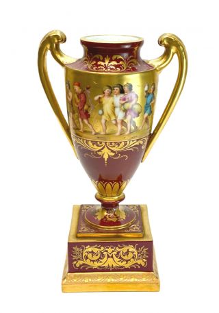 Royal Vienna Hand Painted Porcelain Double Handled Urn,  Circa 1920