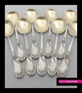 Antique 1890s French Sterling Silver & Vermeil Ice Cream Spoons Set 9pc Rococo