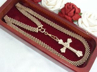C1890 Antique Victorian 10k Rose Gold Gf Mesh Chain Necklace & Cross Pendant