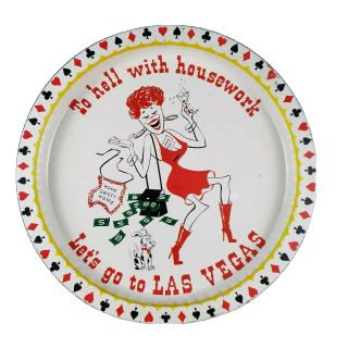 To Hell With Housework Lets Go To Las Vegas Thin Metal Tray 13 In Vtg 80s Retro
