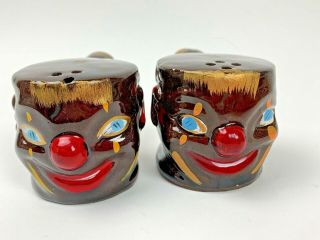 Vintage Black Americana Brown Clown Pipe Redware Salt And Pepper Shakers Fw18
