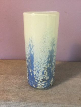 Vintage Selkirk Glass Hand Made In Scotland Cylindrical Vase Blue Mottled 1998