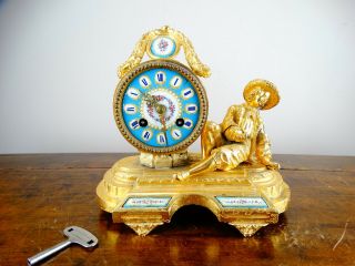 Antique French Sevres Porcelain & Gilt Metal Figural Mantel Clock By Japy Freres