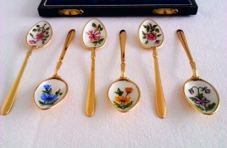 Set Of 6 Solid Silver Enamel & Gold Gilt Boxed Tea Spoons 1964