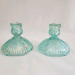 Vintage Pair Fenton Ice Blue Iridescent Glass Candlestick Candle Holders