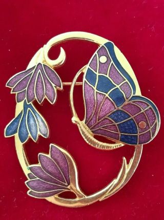 Vintage Jewellery Enamel Closionne Purple Blue Butterfly Brooch Fish Crown