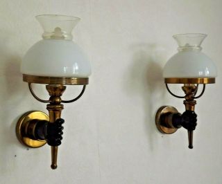 Pair French Vintage Brass Black Hand Wall Lights Opaque White Glass Shades 2169