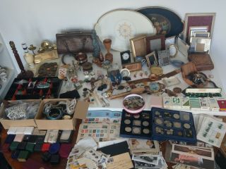 Large Joblot Of Antique And Vintage Coins,  Clocks,  Curios,  Frames,  Silver Coins