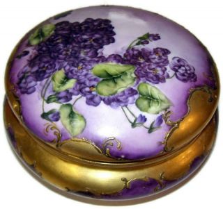 Antique Elite Limoges Large 7 1/2 " Dresser Box Hp Purple Flowers & Heavy Gold