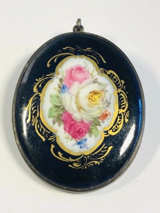 Antique Meissen Porcelain Hand - Painted Flower Bouquet Oval Pendant