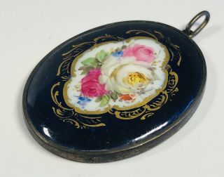 Antique Meissen Porcelain Hand - Painted Flower Bouquet Oval Pendant 3