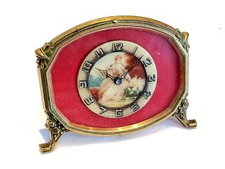 Fine Antique Swiss Gilt Brass 8 Day Dressing Table Clock Miniature Portrait Dial