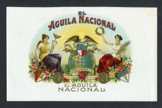 Old El Aguila Nacional Cigar Label - Two Women,  Eagle,  Globe,  Gold Coins