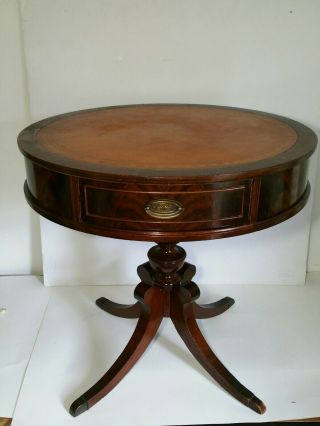 Antique Leather Top Round Mahogany Drum Table W Drawer - Pedestal,  Chippendale