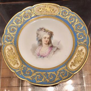 Antique Sevres Porcelain Courtesan Portrait Plate Perfect Heavy Raised Gilt Gold