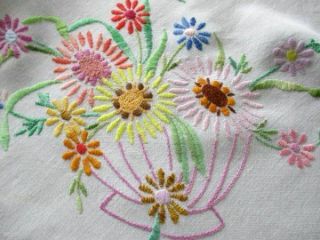 Vintage Tablecloth Hand Embroidered With Bowls Of Flowers