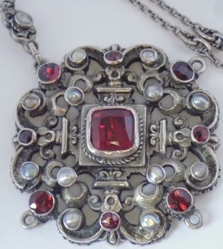 Antique Austro Hungarian Sterling Silver Garnet Pearl Pendant Necklace