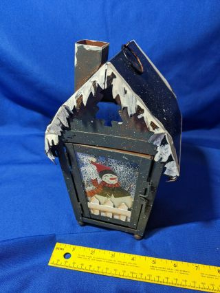 Handpainted Snowman House Xmas Glass Metal Lantern Candle Holder Vtg Birdhouse