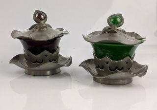 Chinese Antique Pewter & Peking Glass Lotus Form Tea Bowls / Condiment Pots