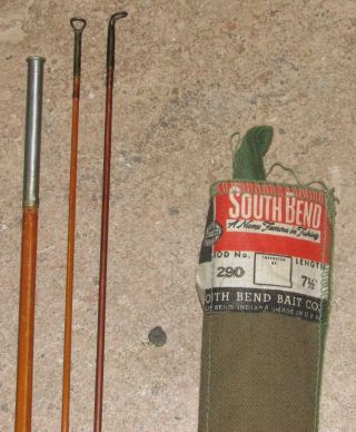 Antique South Bend Bamboo Fly Rod 290 - 7.  5 3 Pc 2 Tip W/ Canvas Bag & Tube