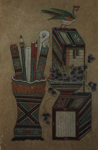 Fine Old Antique Korean Minhwa Folk Hand Painting Checkori Pheasant On Jangji
