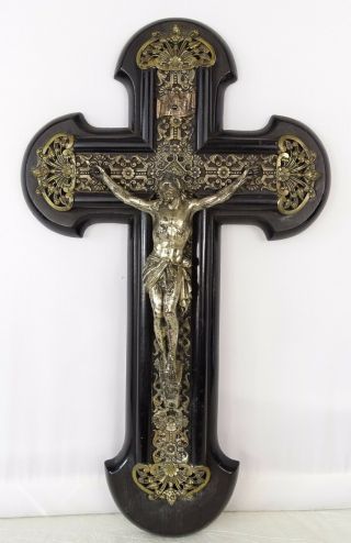 14.  5 " Antique French Large Black Wood & Silver Plate Crucifix Jesus Dated 1894