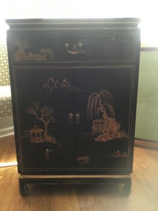 Vintage Chinese Black Lacquer Hand Painted Cabinet