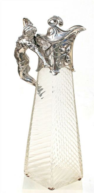 Art Nouveau Glass & Figural Silver Plate Nouveau Winged Female Handle