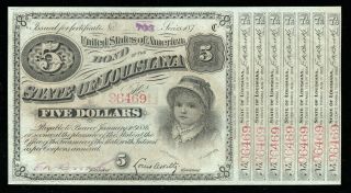 Vintage 1880 State Of Louisiana Baby Bond $5 Crisp In Stiff Mylar Holder